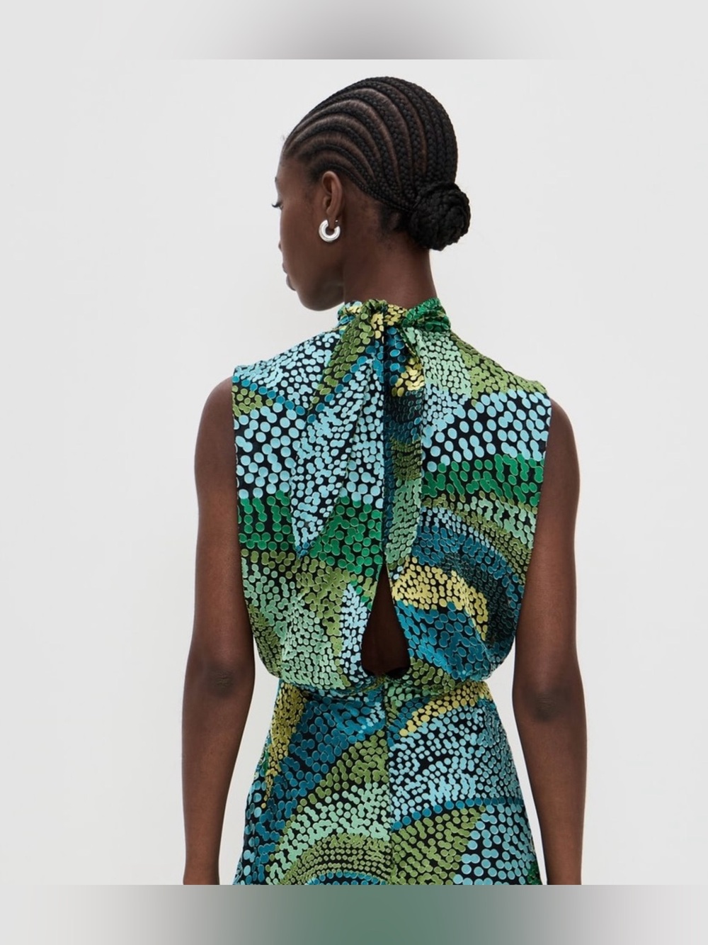 SALONI Silk Blend Mock Neck Sleeveless Maxi Dress Blue Green Abstract Print SZ6 - Picture 4 of 9
